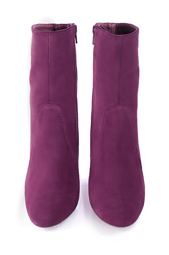 Mulberry purple women's ankle boots with a zip on the inside. Round toe. High block heels. Top view - Florence KOOIJMAN